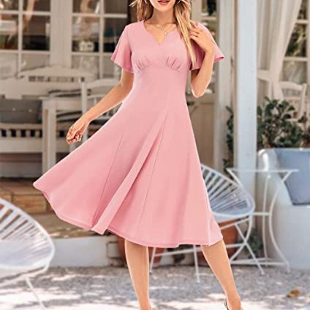 DRESSTELLS Women Casual Dresses Tea Dress Flared Sleeve Aline Swing Work Dress